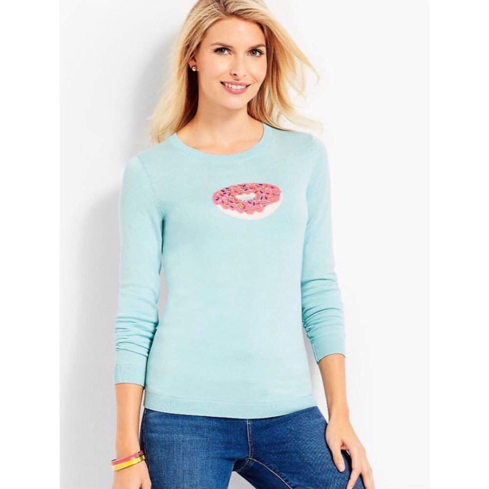 Talbots Pink Sprinkle Donut Powder Blue Sweater MP Medium Petite PM